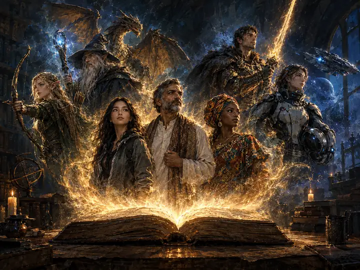 Painting of characters rising from a glowing open book: an elf archer, a wizard, a dragon, a sword hero, a space pilot, and three people in modern and traditional clothing