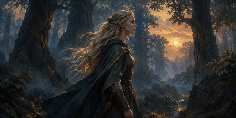 Painting of an elf walking through an ancient forest at sunset