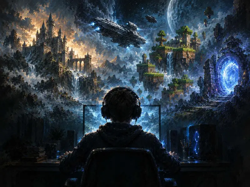 Painting of a gamer in headphones at a glowing PC, with a castle, a spaceship, floating block islands, and a portal rising from the screen