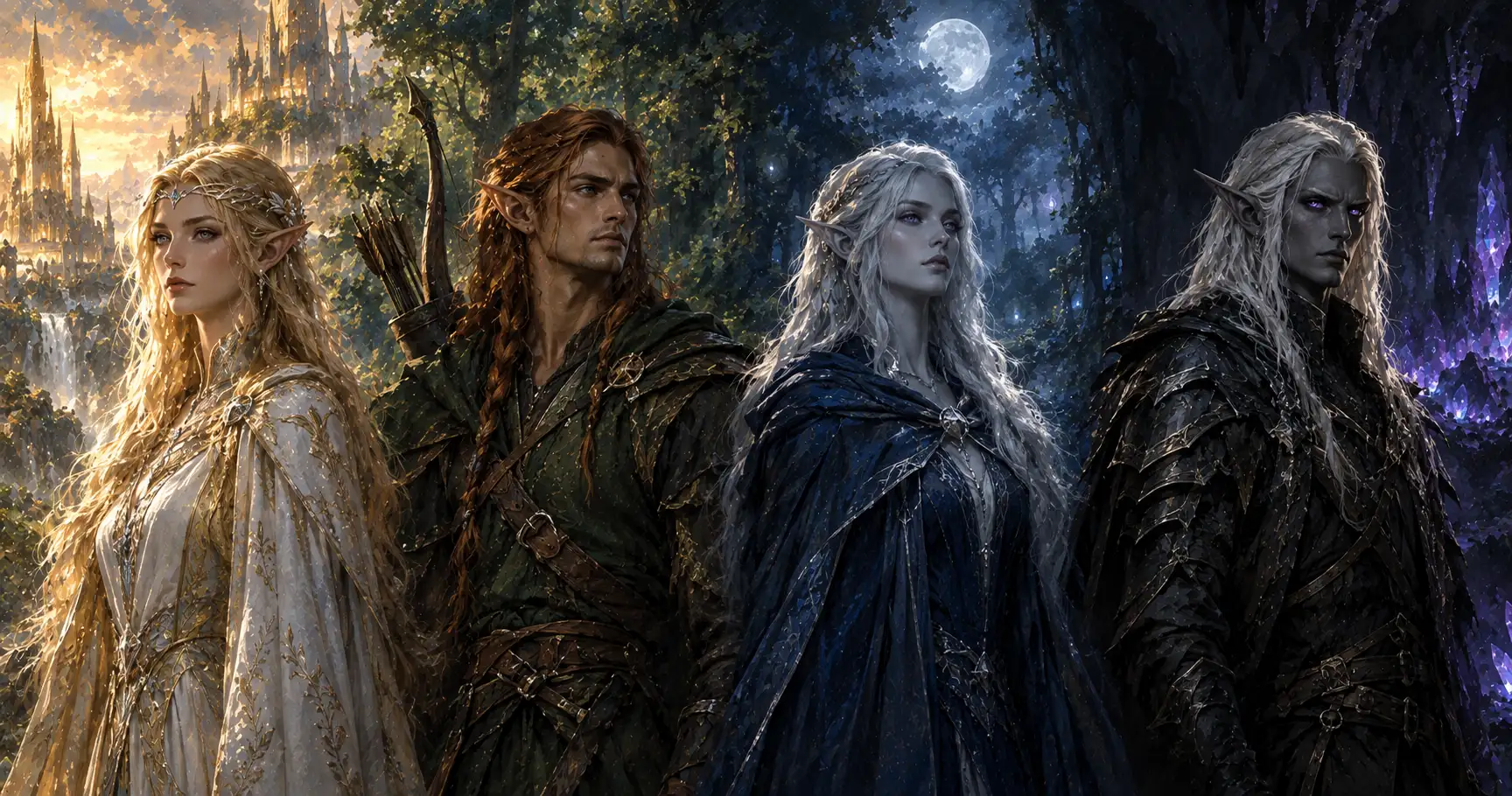 Painting of four elf subraces side by side: a female high elf, a male wood elf, a female moon elf, and a male dark elf